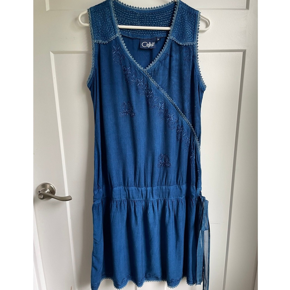 Coline Blue Embroidered Drop Waist Faux Wrap Dress Boho Knee French Indie M